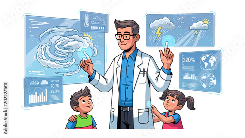 Photos Weather Education Illustration: An enthusiastic scientist explains weather patterns and phenomena to two attentive children, pointing at interactive displays filled with educational data