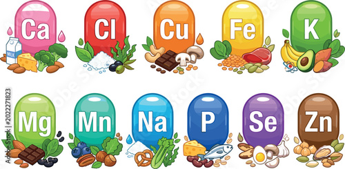 Foto Educational Mineral Vector Set with Colorful Icons Representing Calcium, Iron, P