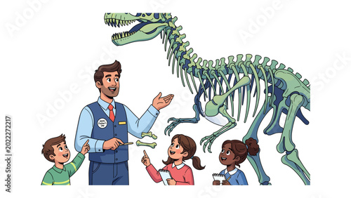 Εκτύπωση καμβά Dino Discovery: A curious group of children are captivated by a museum guide who unveils the mysteries of a massive dinosaur skeleton, spark curiosity, and ignite a passion for discovery