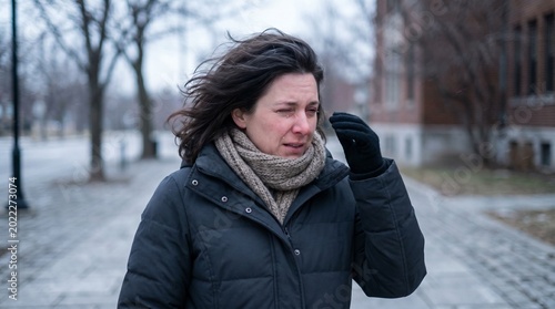 Adult experiencing dry irritated eyes in cold windy weather