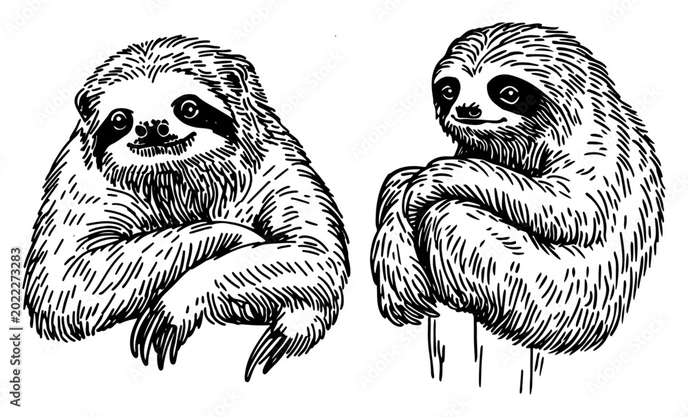 Fototapeta premium Sloth characters sitting in various poses in vintage engraving style