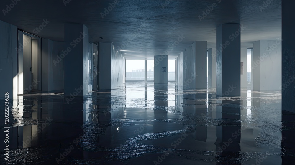 Fototapeta premium Empty modern building interior standing abandoned with a wet floor, light reflecting in puddles of water, and columns creating an atmospheric sense of decay