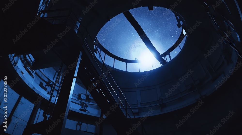 Obraz premium Dark observatory dome interior with circular opening framing a deep blue night sky filled with countless stars, suggesting scientific exploration and cosmic mystery