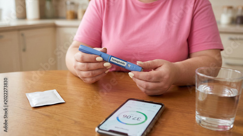 Woman monitoring blood glucose with glucometer and smartphone app on table