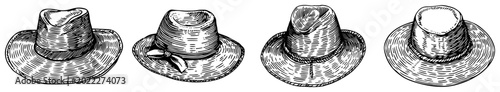 Photos Summer sun hats and fedoras collection in vintage engraving style
