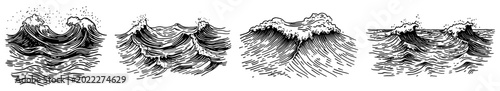 Foto Ocean waves collection with splashing water and sea ripples in vintage engraving
