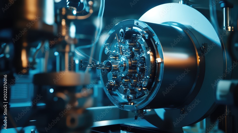 Fototapeta premium Advanced quantum computing hardware operating in a modern laboratory. Revealing its intricate clockwork mechanism with glowing blue light. Symbolizing scientific innovation and technological progress
