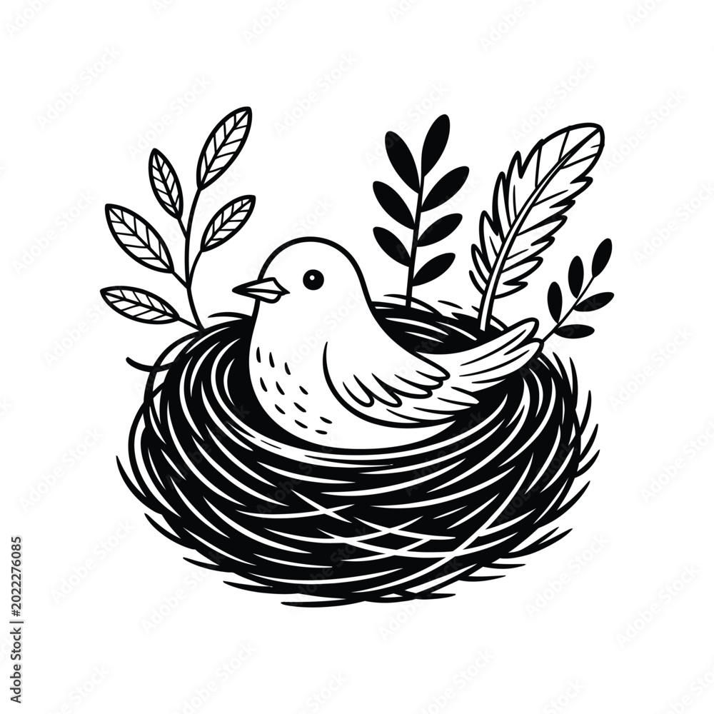 Fototapeta premium Charming line art bird sitting in a nest with leaves, charming