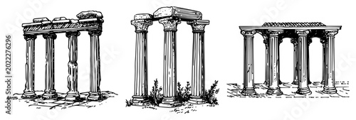 Ancient Greek ruins and classical temple columns in vintage engraving style