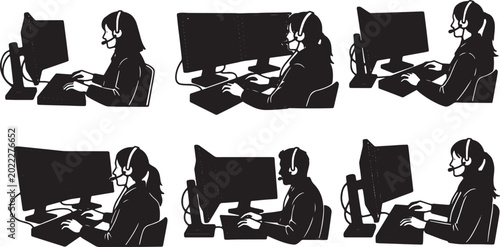 Bild auf Leinwand Black Solid Remote It Support Worker Dual Keyboard Silhouettes Set of Six on Whi