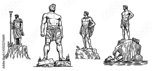 Tableau sur toile Monumental ancient statues and colossal hero sculptures on rocky cliffs in vinta