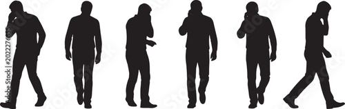Bilde på lerret Black Solid Nervous Phone Call Pacing Silhouettes Set of Six on White Background