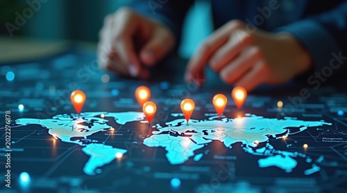Mapa con marcadores de ubicación luminosos y planificación de rutas dinámica