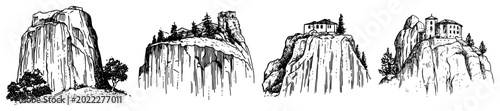 Fotografía Monasteries and historical buildings perched on high steep rock cliffs in vintag