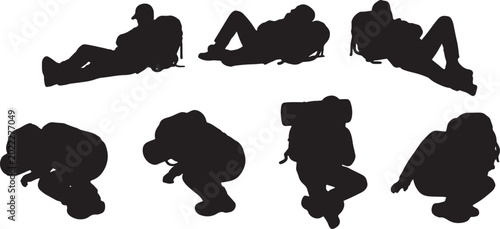 Принти на полотні Black Solid Outdoor Backpack Sleeping Silhouettes Set of Six on White Background