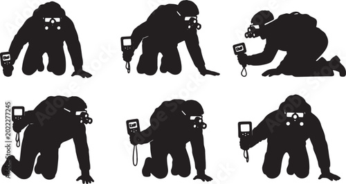 Schilderij op canvas Black Solid Paranormal Investigator Camera Silhouettes Set of Six on White Backg