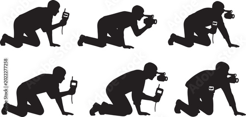 Tableau sur toile Black Solid Paranormal Investigator Camera Silhouettes Set of Six on White Backg