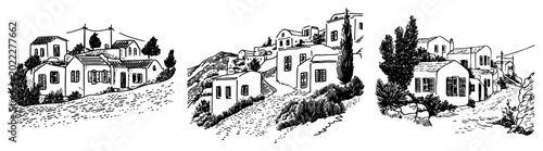 Bild auf Leinwand Mediterranean village houses and hillside street scenes in vintage engraving sty