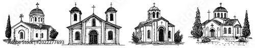 Photos Orthodox greek churches and chapels with domes in vintage woodcut style