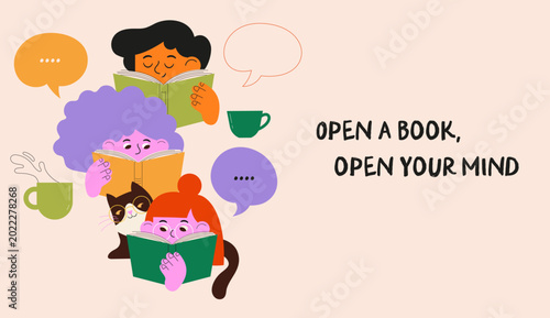 Hand drawn colorful poster and banner with kids and cute cat reading books. Doodles series for book fair, festival, bookshop and back to school design
