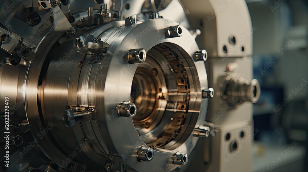 Fototapeta premium Close up of complex industrial machinery with shiny metal parts and precise mechanisms, operating in a modern manufacturing facility, highlighting precision engineering and technological production
