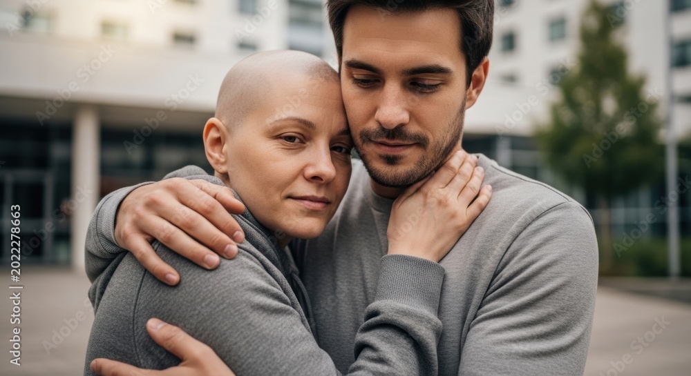 Fototapeta premium Young man hugging bald woman embracing in support. Couple standing together experiencing strong emotional bond during cancer illness recovery. Health, hope and empathy concept.