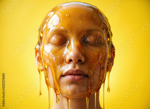 The visual image is an abstract face formed from golden honey, cascading over a bright yellow background. Illustration of health and cosmetology