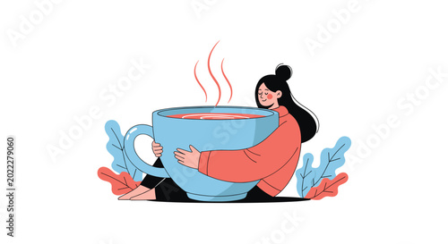 Whimsical illustration of a young woman with long hair affectionately hugging a giant steaming blue cup of coffee or tea.