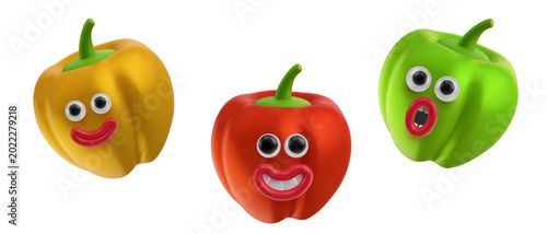 Collection of three vector 3D bell peppers in yellow, red and green. These vegetable characters feature silly googly eyes and bright red lips, creating playful and friendly aesthetic for food-related 