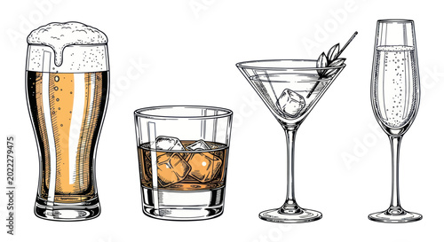 Variety of Alcoholic Drinks in Glasses: Beer, Whiskey, Martini, Champagne