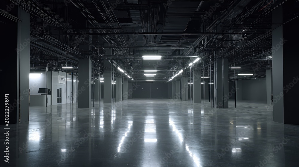 Fototapeta premium Vast empty industrial warehouse interior featuring a polished concrete floor reflecting bright overhead lights, creating a spacious environment for business or storage