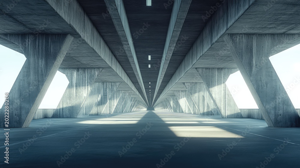 Fototapeta premium Modern concrete brutalist architecture forming an empty tunnel or underpass with strong geometry, casting light and shadow patterns across the road surface