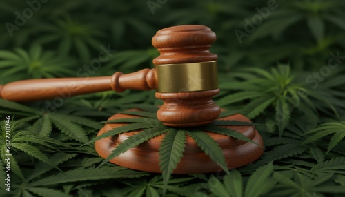 Classic wooden gavel and block placed on top of cannabis leaves signifying legal regulations and drug policy