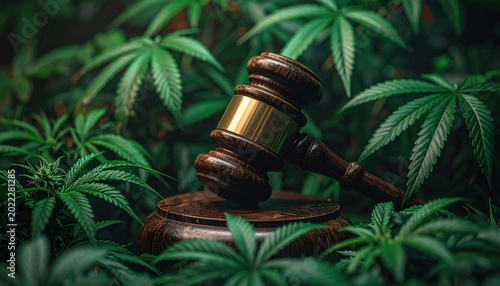 Wooden judge gavel rests among green cannabis leaves, showing legal regulation and policy debate around marijuana