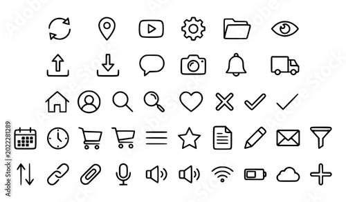 Cuadro en lienzo Black and white UI outline icon set vector with app interface symbols isolated o