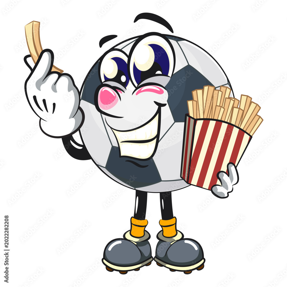 Φωτογραφία happy football mascot cartoon character isolated vector holding delicious french