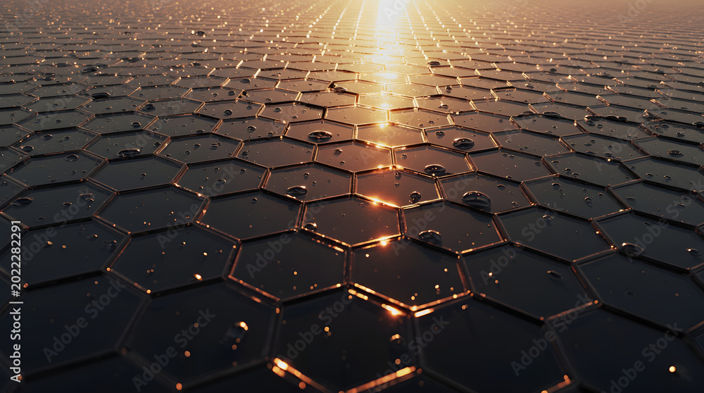 Fototapeta premium Close-up of black solar panel reflecting sunset