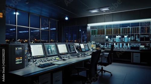 Command center station displaying critical information on multiple screens  managing global operations with advanced data analytics and real time monitoring technology overlooking a city at night