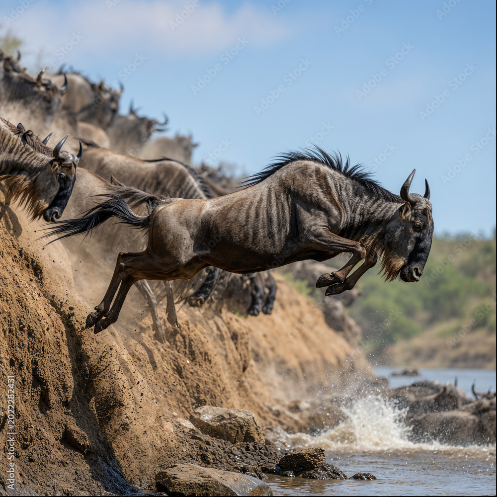Fototapeta premium Wildebeest leaping from cliff into river during great migration