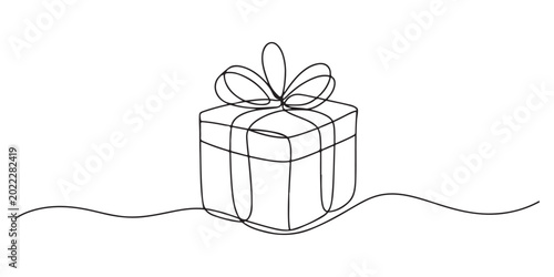 Continuous one line gift design box vector illustration art drawing ribbon. Gift box birthday icon isolated abstract present valentine paper delivery concept doodle wedding open love fashion happy