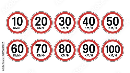 Foto Speed limit road sign icon set featuring maximum speed regulations from 10 km/h to 100 km/h for traffic control design