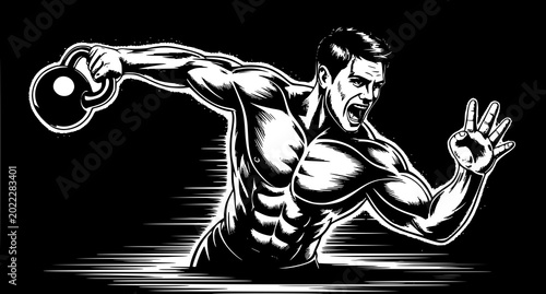 Muscular man performing kettlebell swing exercise with black and white