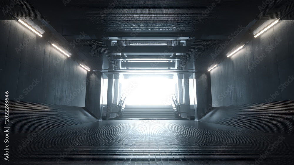 Fototapeta premium Empty dark modern interior featuring a long, concrete corridor with illuminated ceiling lights, leading towards a brightly lit stairway and exit, symbolizing opportunity, future, and progress