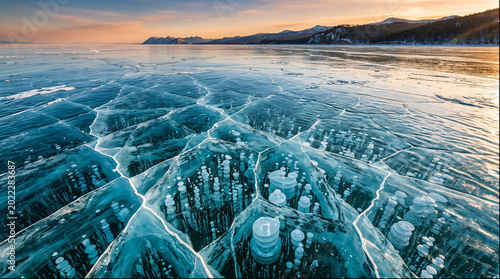 Methane bubbles trapped in cracked turquoise Lake Baikal ice at sunset