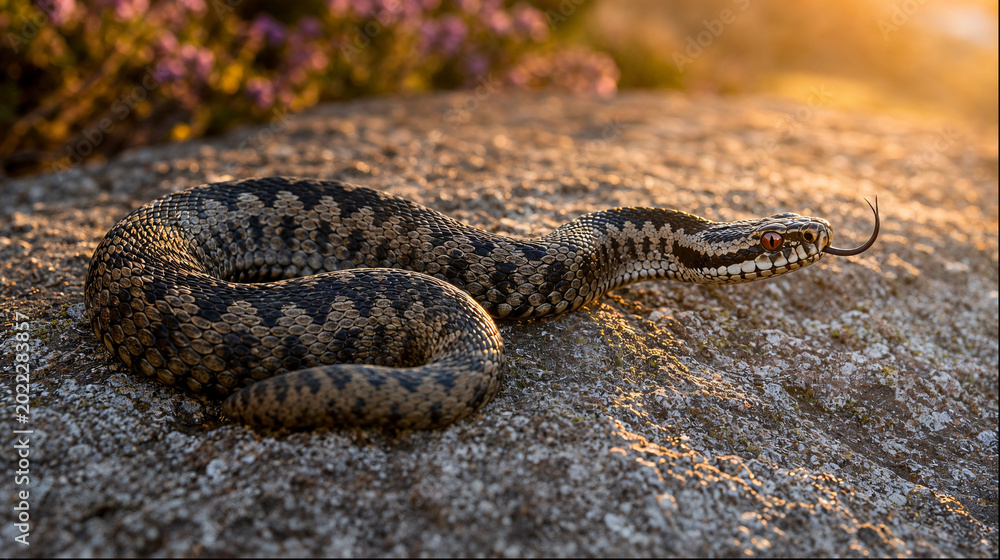 Obraz premium Common european adder coiled on lichen covered rock with heather