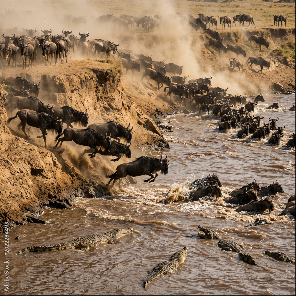 Obraz premium Wildebeest jumping into mara river past crocodiles during migration