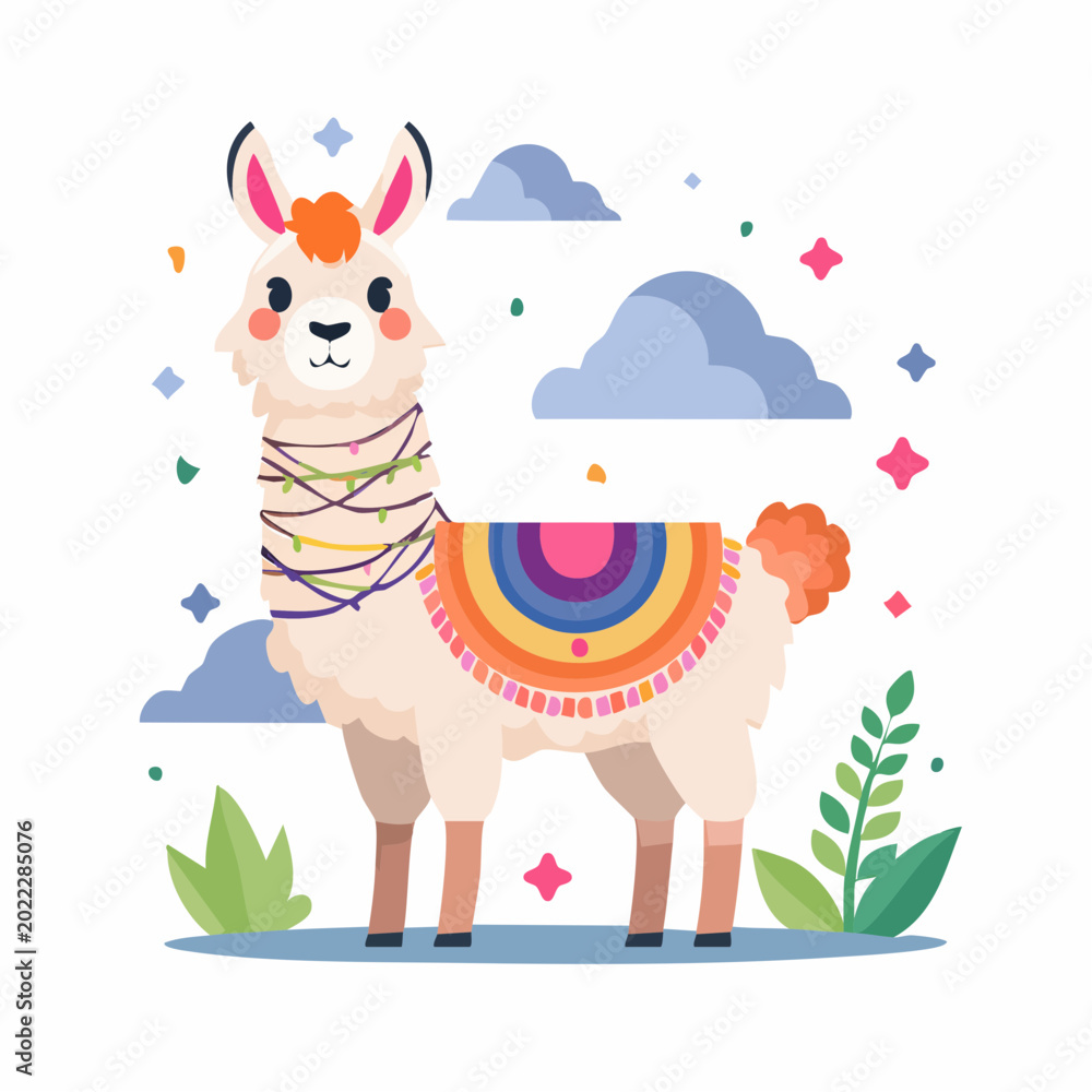 Obraz premium Cute Cartoon Llama with Colorful Blanket and Decorations