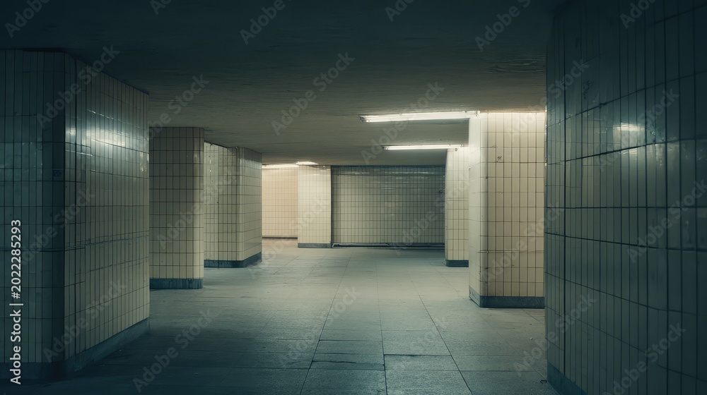 Fototapeta premium Empty underground public transport corridor with tile walls and several pillars creating a moody and somewhat eerie atmosphere, showing urban infrastructure