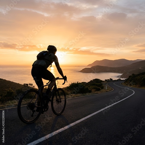 Cyclist silhouetted against sunset on scenic coastal road