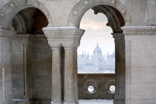 Hungarian Parliament Building Framed by Fisherman's Bastion Arch